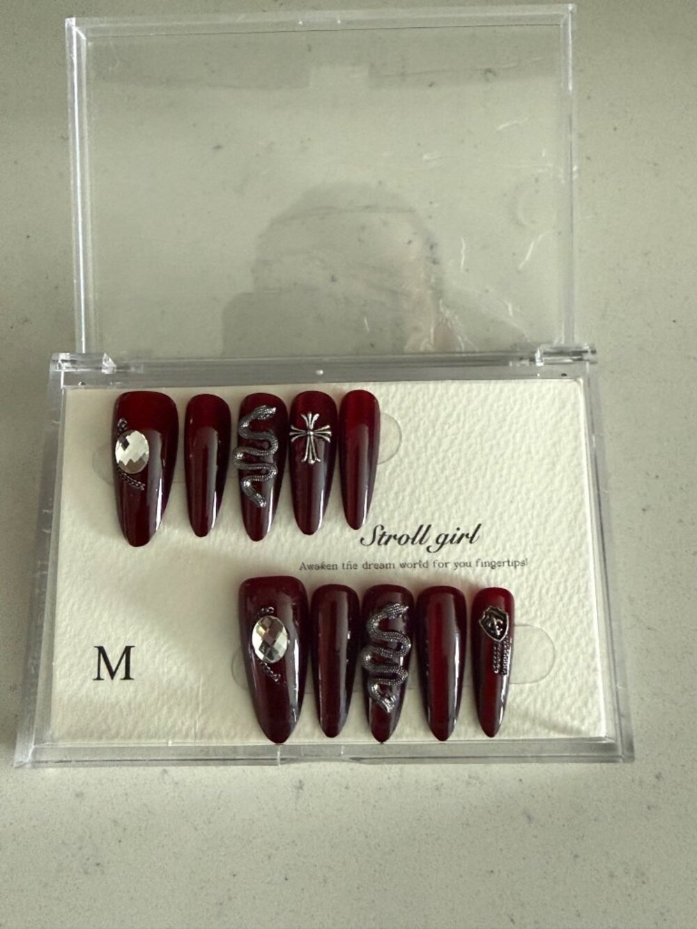 Stroll Girl Burgundy Press-On Nails With Snake & Cross Charms Medium Size Elegan